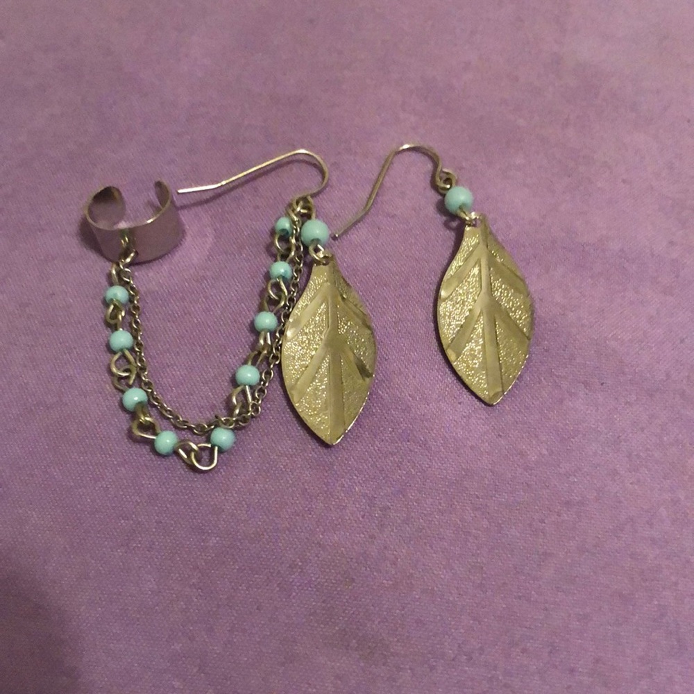 Blue and silver feather earring with cuff